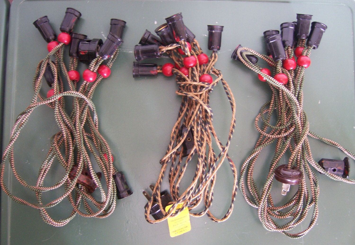 3 Sets of Vintage Antique Fabric Cord Christmas Berry Bead Lights