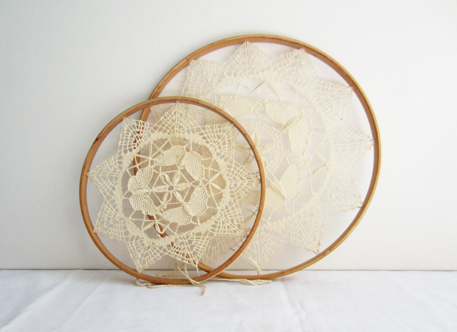 Vintage Crochet Hoop Wall Hanging Pair