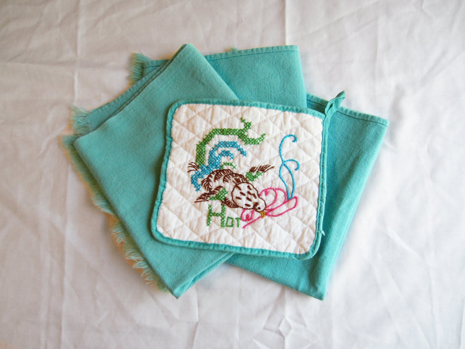 Vintage Kitchen Linens - Turquoise Cannon Towels & Cross Stitch Embroidered Pot Holder