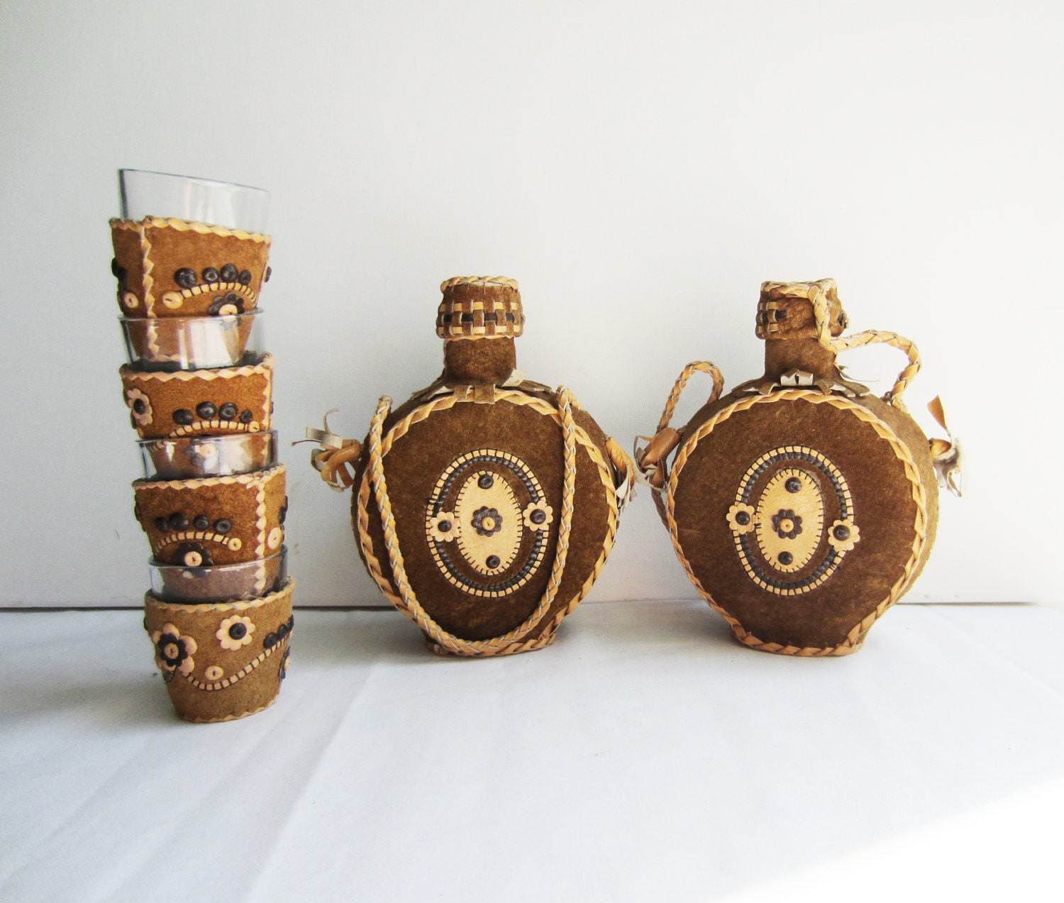 Vintage Leather Covered Flasks and Shot Glasses