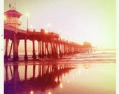 HB Pier at Sunset Vintage feel Photo - Pier Reflections 5x5 California photo