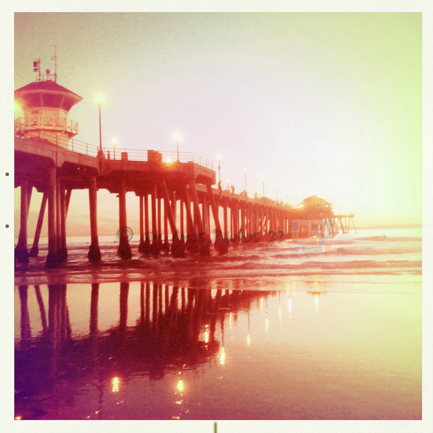 Vintage feel Beach Photo - Pier Reflections - 8x8 photo of the Huntington Beach Pier