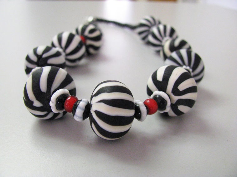 Zebra Animal Print striped Glass, Black and White, Red Venetian African Trade Bead Ethnic  Necklace - FN2020