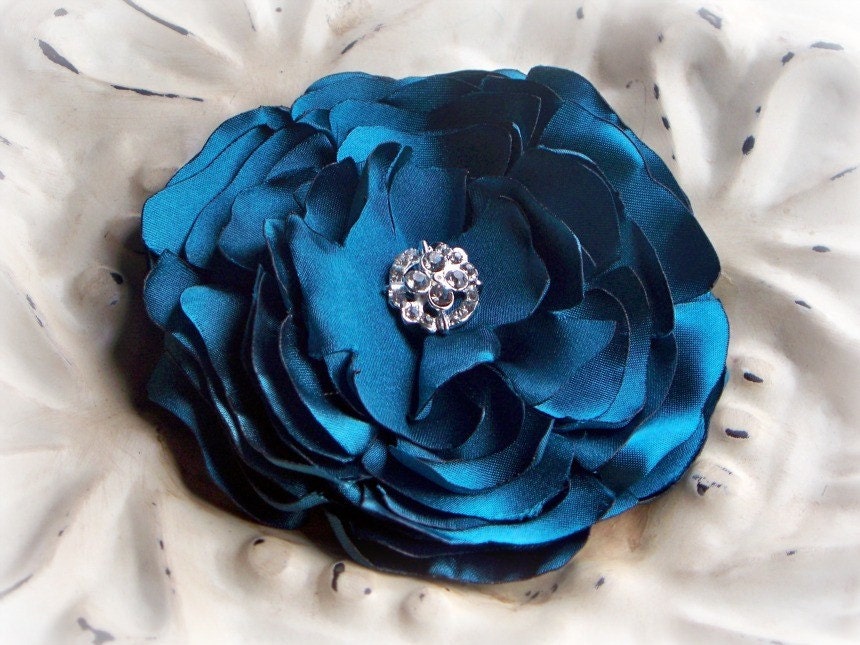Hair Flower Teal - Crystal Rhinestone - Hair Clip or Brooch Pin - Bridal Bridesmaids - Wedding Accessories - Pick your colors