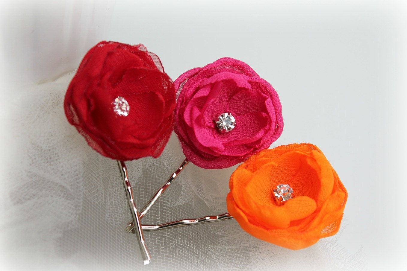 Chiffon Flower Hair Pins Set of 3 - Pink Orange Red - Summer Beachy - Bridal Bridesmaids Flower girls - Wedding Accessories - Ready to ship