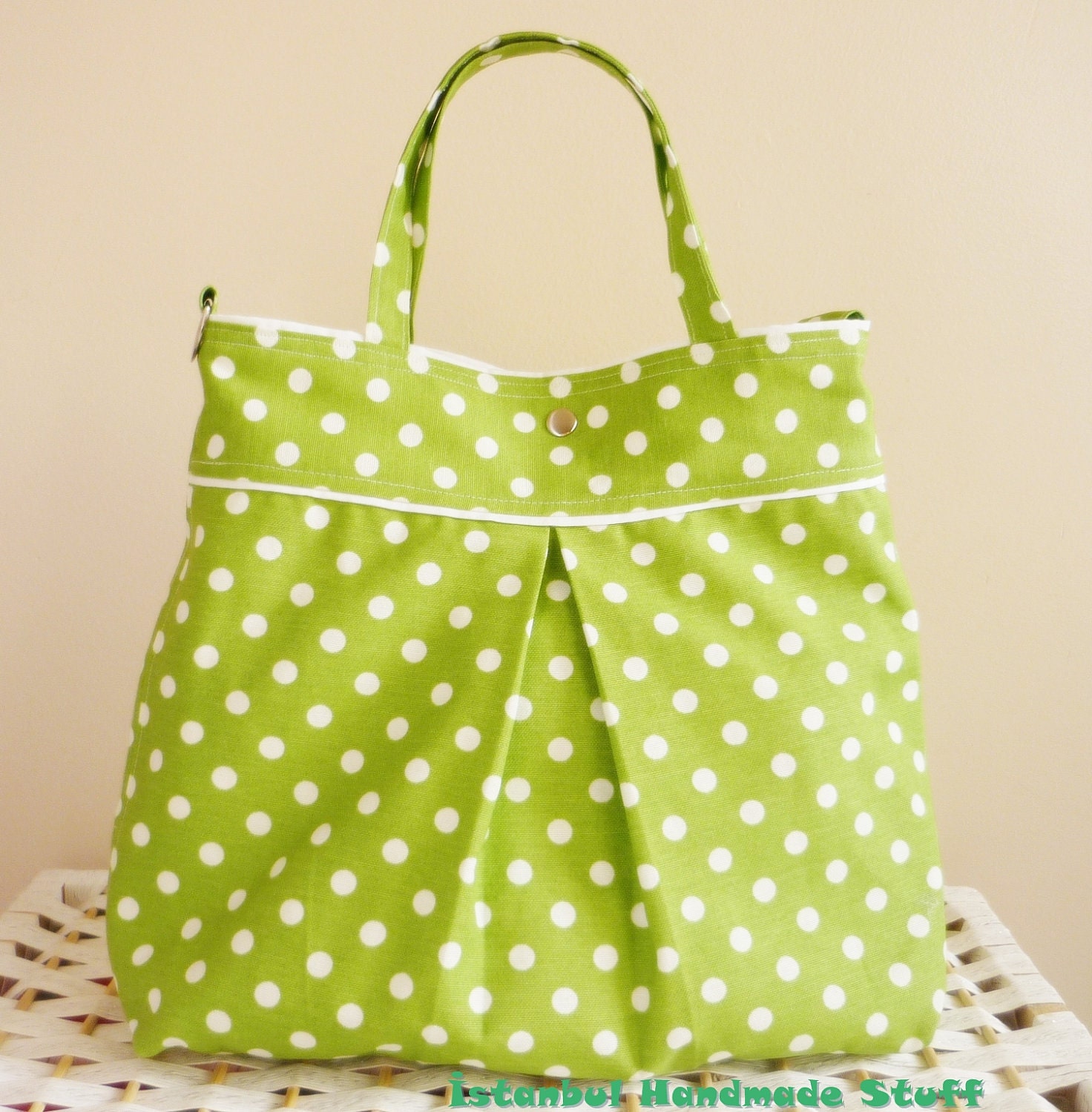 Lime Green with White Polka Dots Medium Handbag / Diaper bag / Shoulder Bag / Cross body bag / Travel Bag with adjustable strap