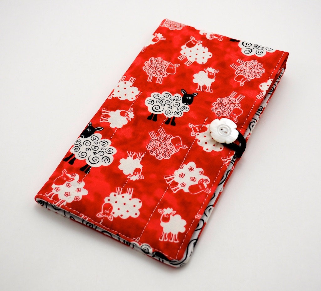 Sock Knitting Needle Roll - DPN's and Circulars - Red and White Sheep Cotton Fabric