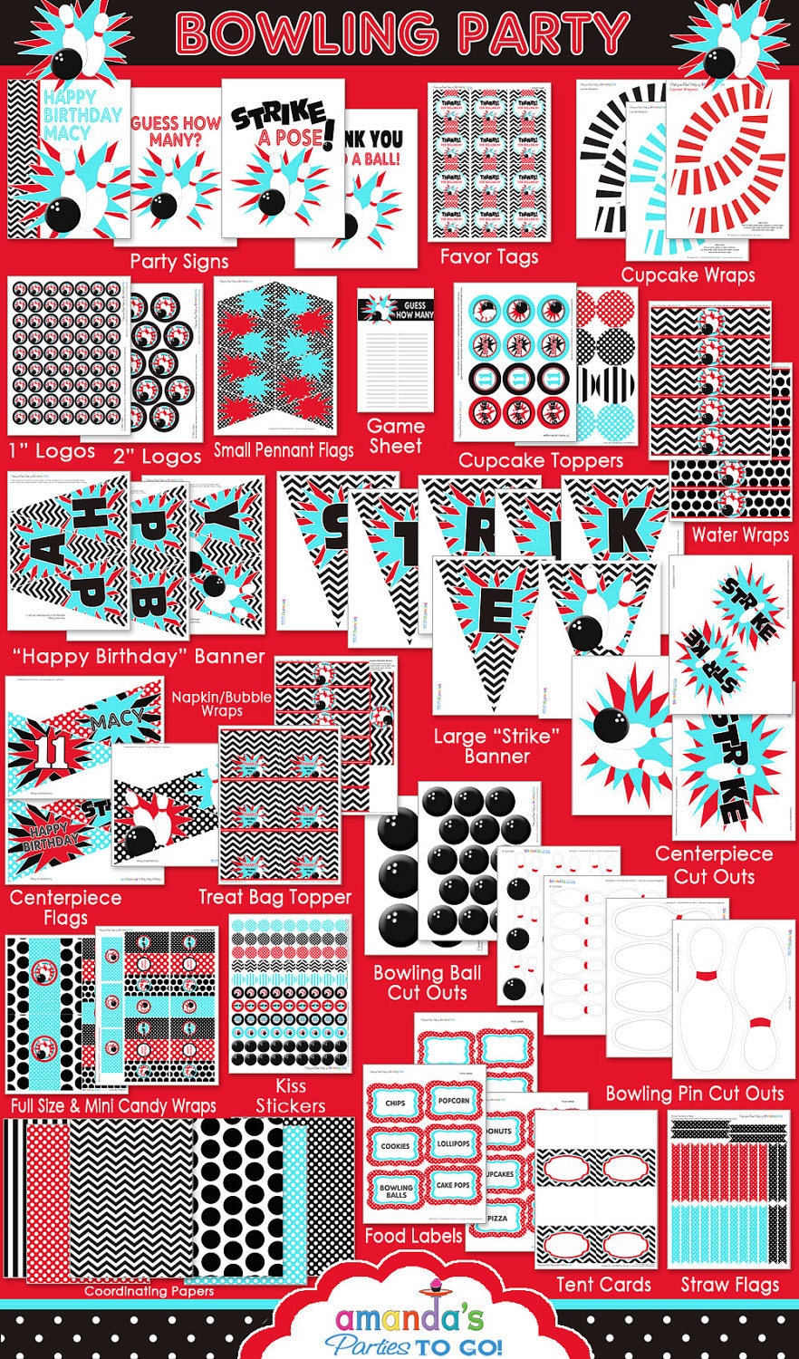 Bowling Party Printables - Bowling Birthday - Huge Party Set by Amanda's Parties TO GO