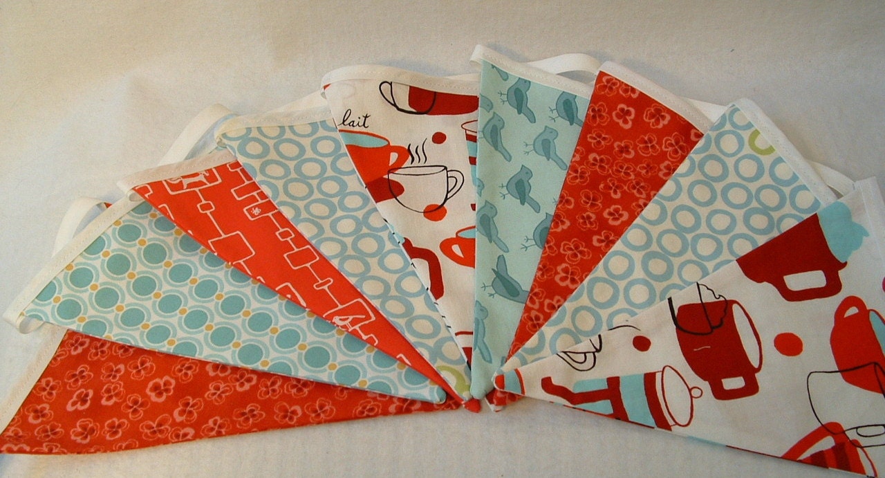 fabric flag pennants, bunting,  in red white and blue. double sided, reusible party decoration