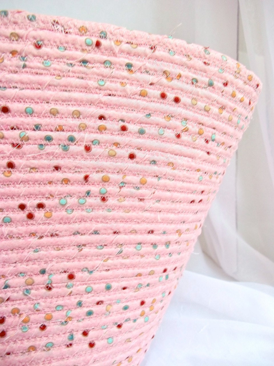 Reduced... Baby Basket, Handmade Pink Baby Shower Gift, Toy Basket, Pink with Grey dots Hamper, Stuffed Animal Box, hand coiled fabric