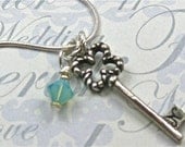 Sterling Silver Clover  Key Charm and Crystal Pendant