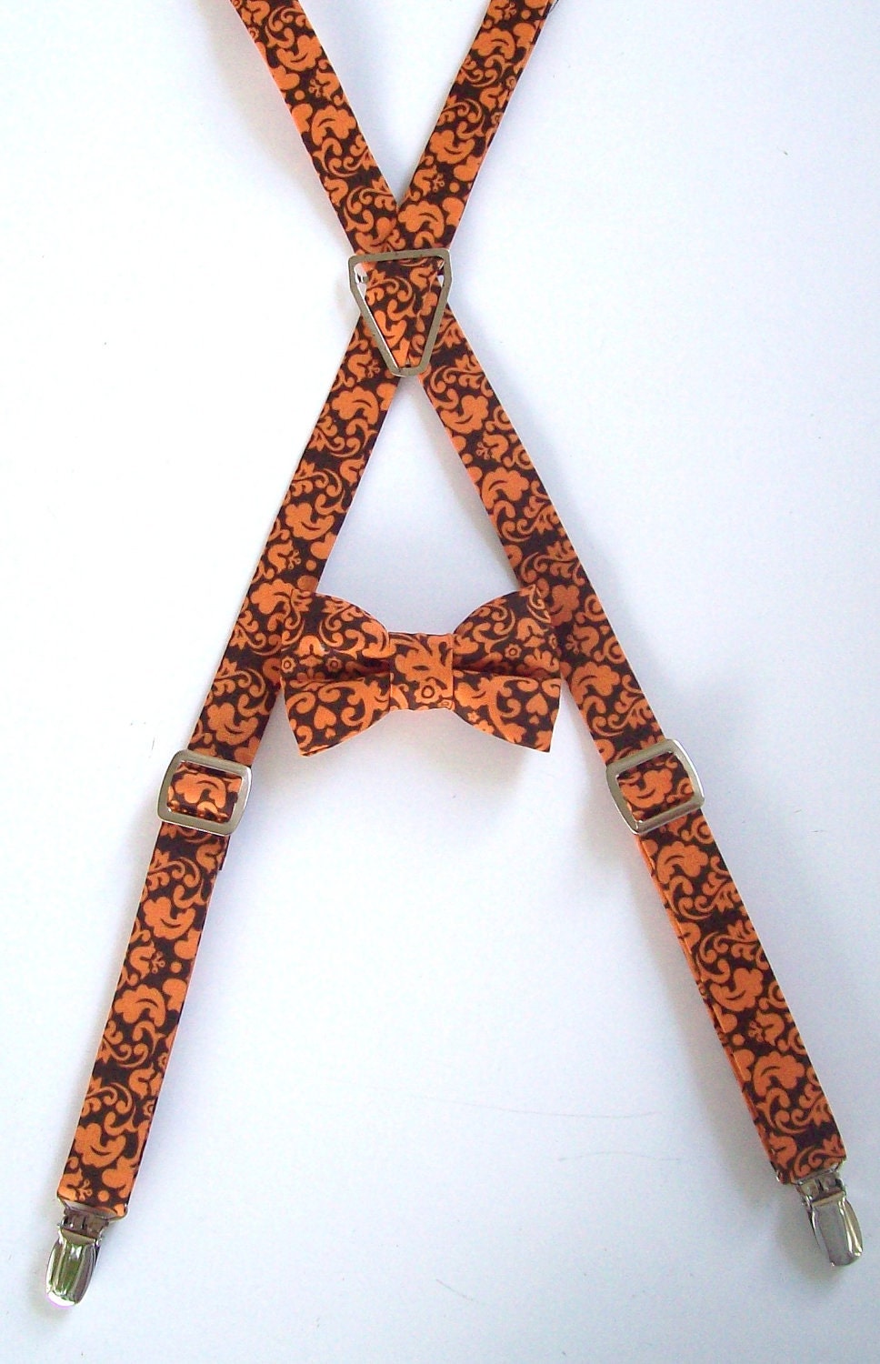 Orange and Brown Damask Suspender and Bow Tie Set