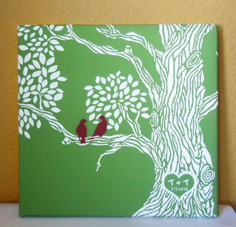 Mother's Day Gift,Personalized Wedding Gift - Custom Tree Canvas Print --  Family Tree with love birds -- 10X10  -- Heart -- Gallery Wrapped