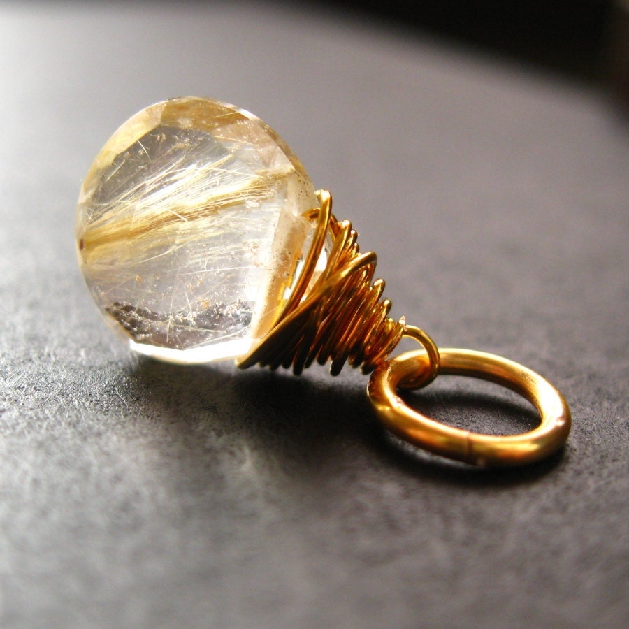 14k Gold Filled Golden Rutilated Clear Quartz Gemstone Charm