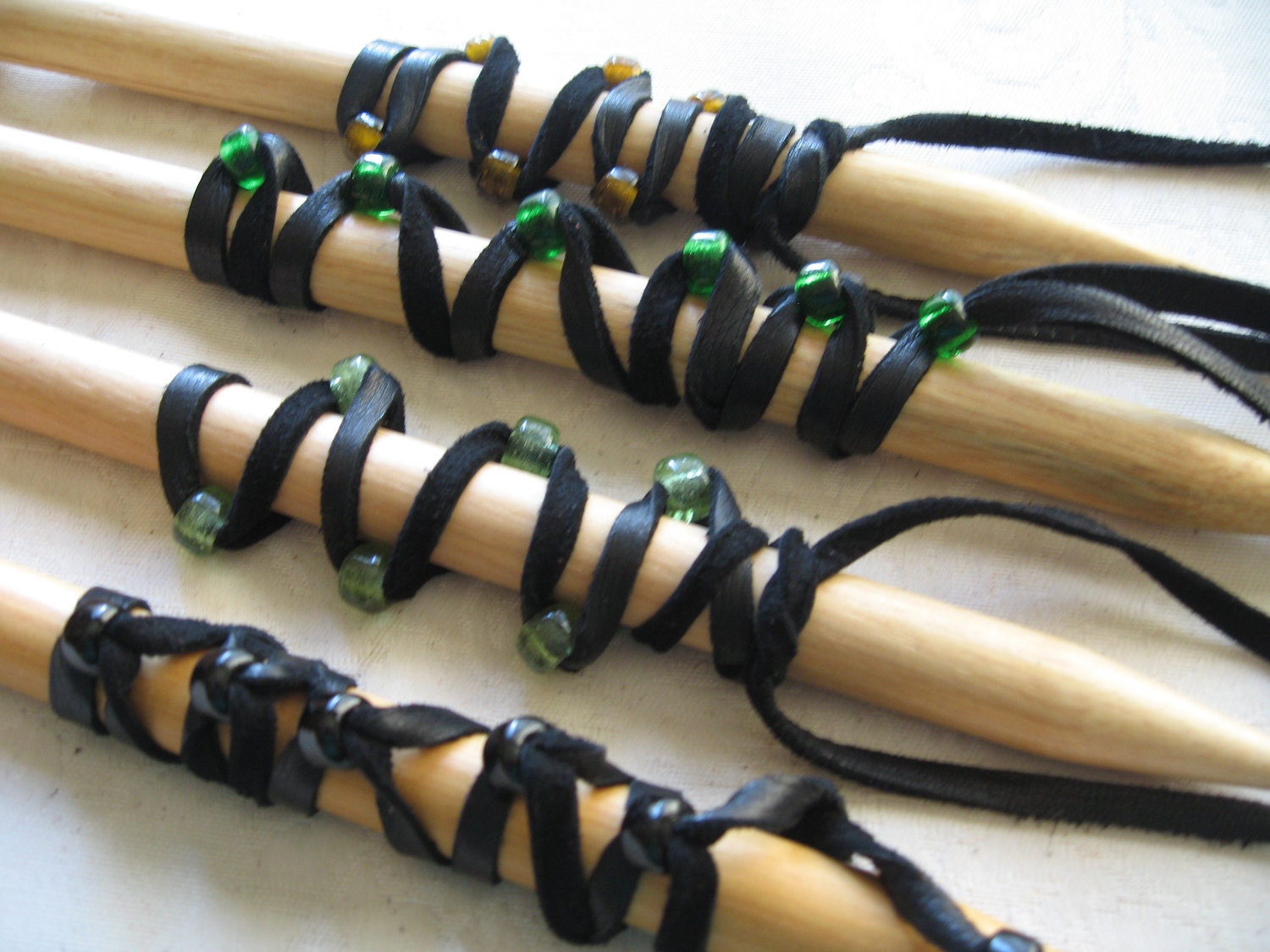 2 pieces Black Leather Hair Wrap with Glass Beads, You Choose Colors