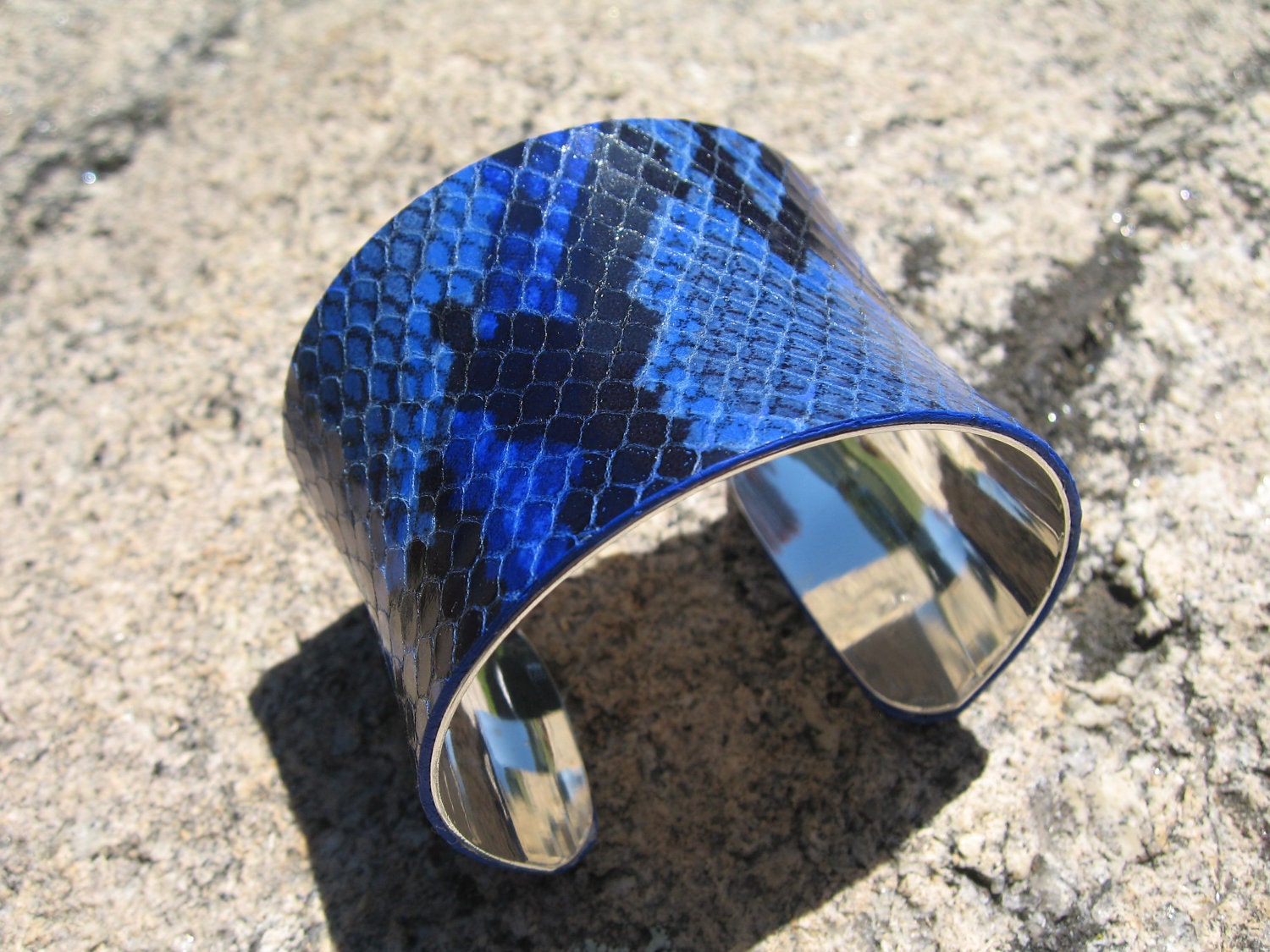 Royal Blue Python Cuff , Silver Lined Snakeskin Leather Wrap Bracelet