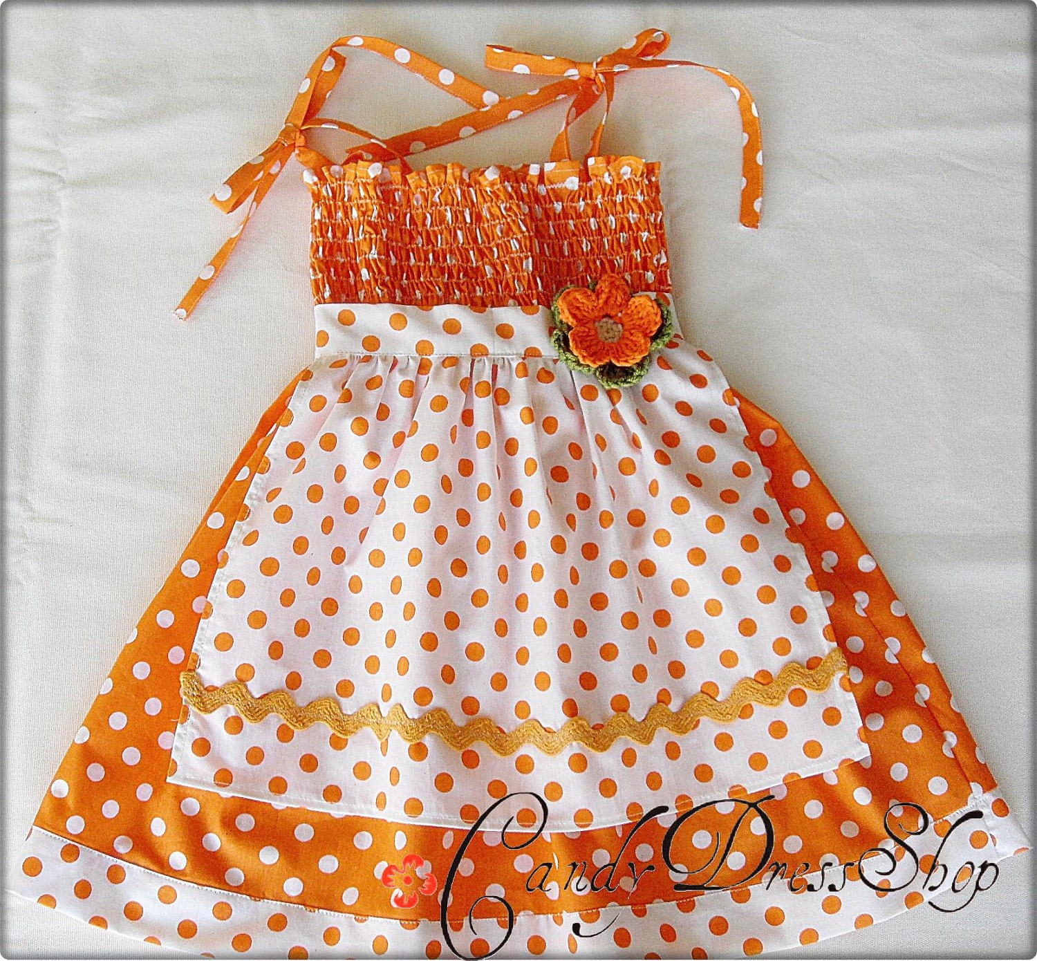Orange and white polka-dot APRON dress for little girls-Size 3T-4T(Available in size 6 month to 6 years) toddlers  for baby girls photo prop