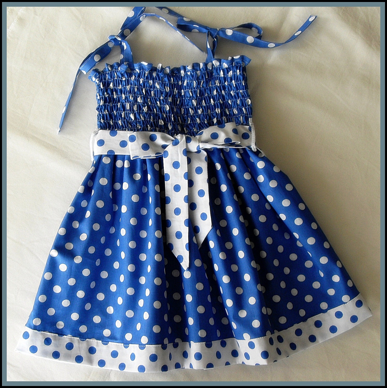 Blue and white polka-dot APRON dress for little girls-Size 3T-4T(Available in size 6 month to 6 years) toddlers  for baby girls photo prop