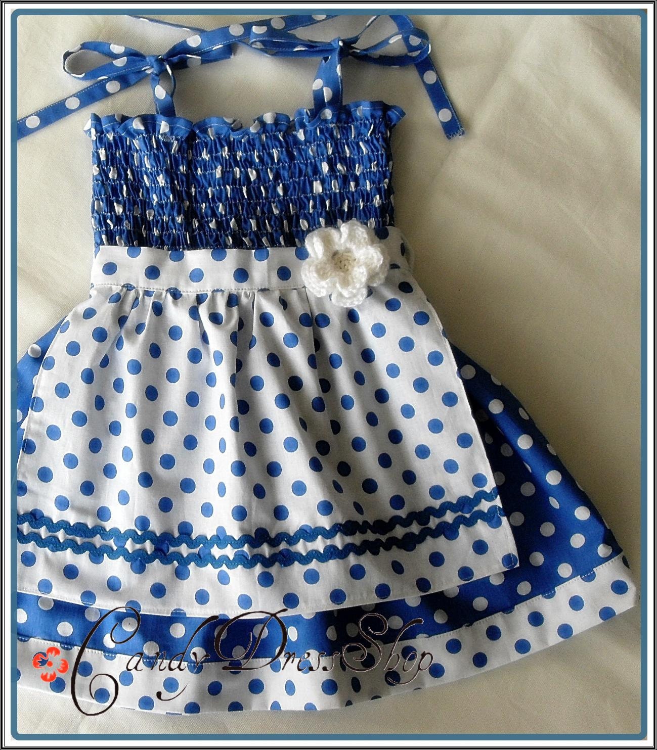 Blue and white polka-dot APRON dress for little girls-Size 3T-4T(Available in size 6 month to 6 years) toddlers  for baby girls photo prop