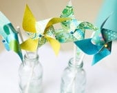 Pinwheels- Set of 12 Twirlable Paper Pinwheels- 'Sweet Blues' Wedding Favors- Paper Goods