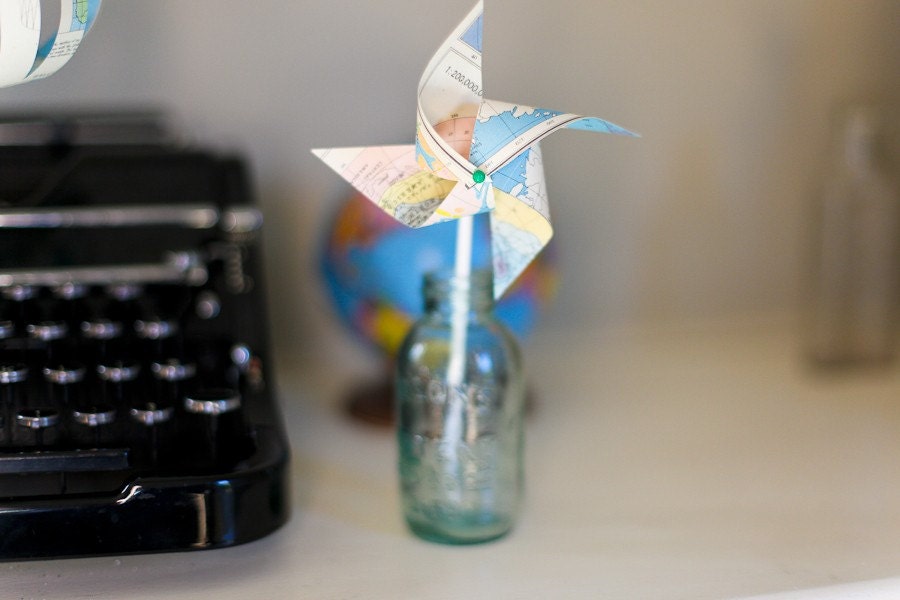 Wedding Vintage Atlas Pinwheels- Repurposed Map Pinwheels - Twirlable