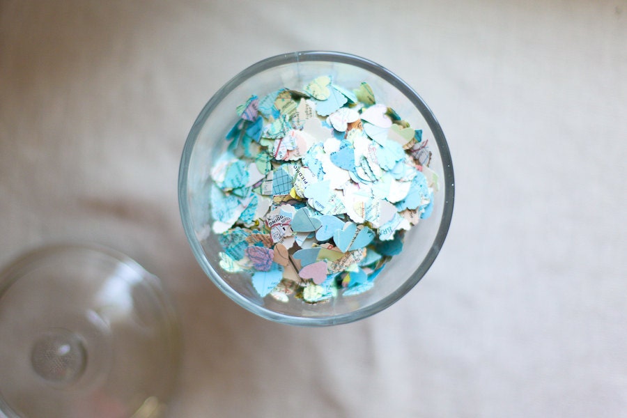 Vintage Style Wedding Confetti created from Maps. Unique Wedding Decor