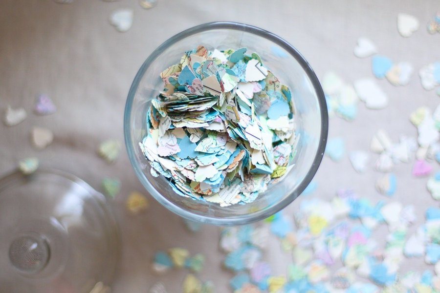 Vintage Style Wedding Confetti created from Maps. Unique Wedding Decor
