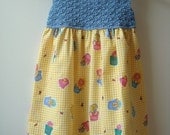 Springtime Summer Crochet Top Sleeveless Sundress --Size 2T to 4T-- Blue with Yellow Check Teddy Bear Print Fabric - OOAK - Ready to SHIP