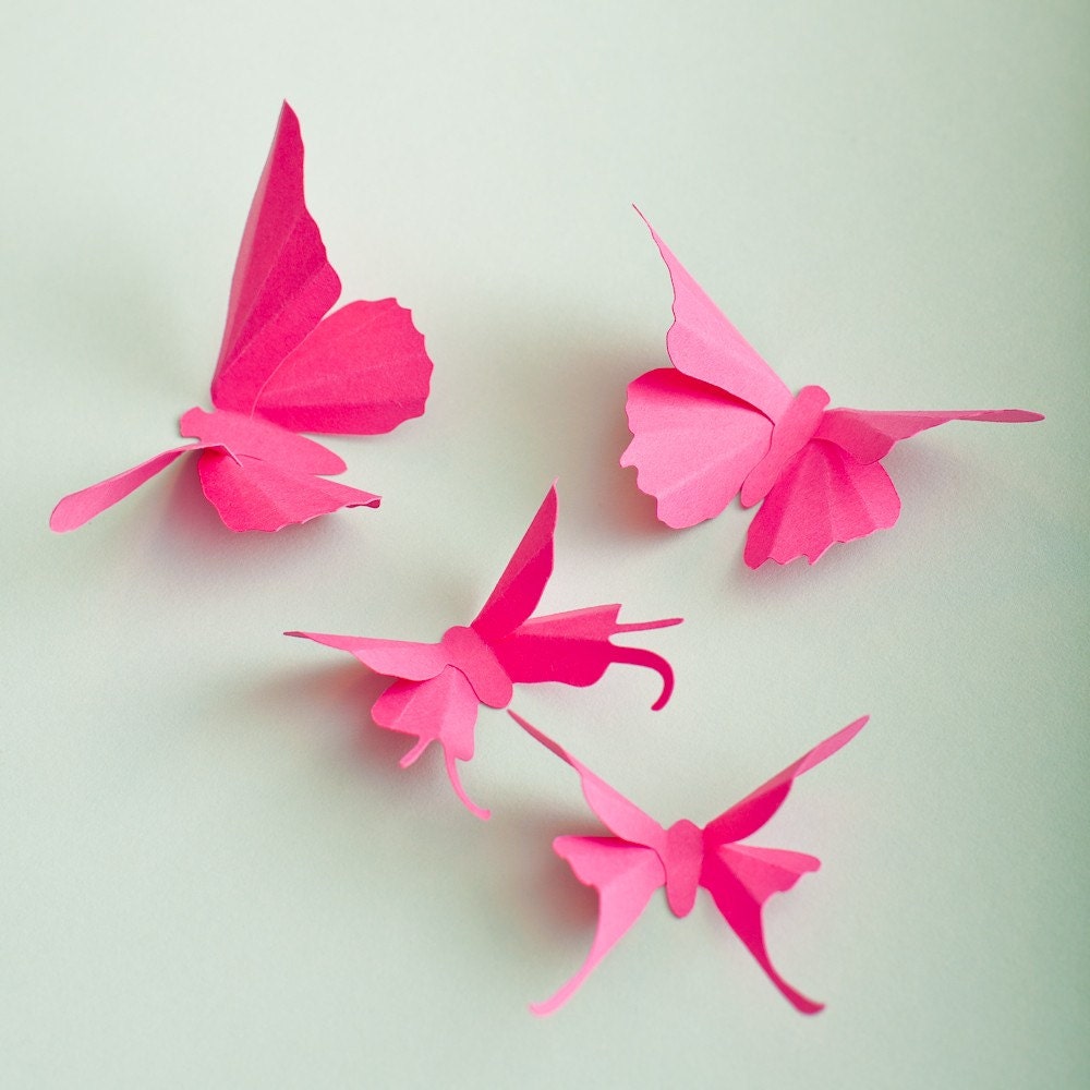 3D Wall Butterflies, 10 Fuchsia Pink Butterfly Silhouettes for Girls Room, Nursery, and Home Art Decor