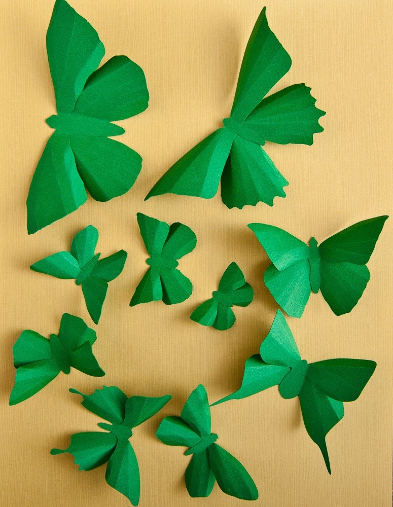 3D Wall Butterflies, 20 Kelly Green Butterfly Silhouettes for Home Art Decor, Nursery, Children's Room