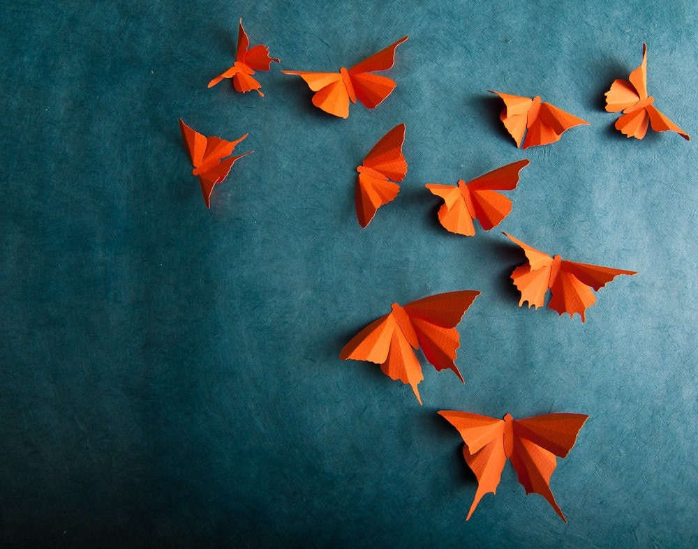3D Wall Butterflies, 10 Carrot Orange Butterfly Silhouettes for Girls Room, Nursery, and Home Art Decor