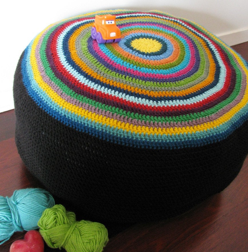 Multi-colored Crocheted Round Poufe Cover
