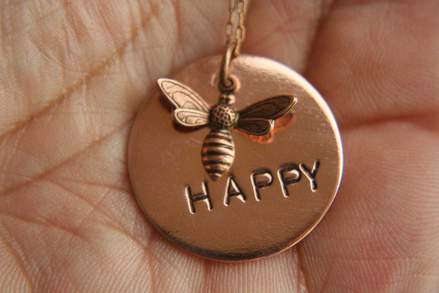 Hand Stamped Pendant Necklace Copper BEE HAPPY Jewelry Be Nice Be Kind Be Sweet Be Good
