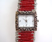 Red Safety Pin Watch with Seed Beads