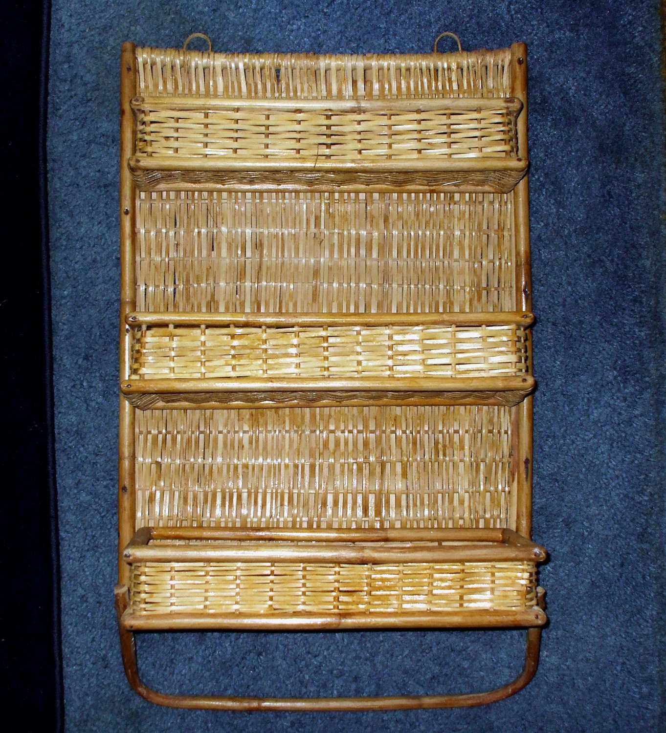 Wicker Bamboo Wall Shelf Rattan Three Folding Shelves Hanging Towel Rack Vintage