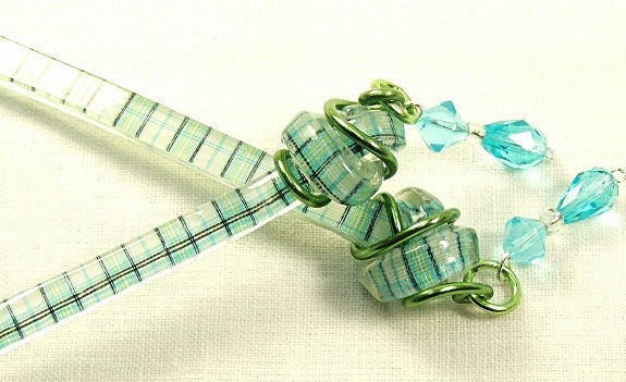 Hair Stick Blue Crystals and Plaid. Fun Long Hair Accessory. Decorated Hair Sticks.