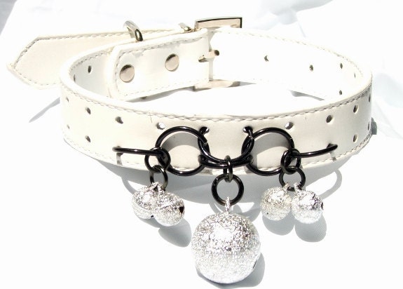Slave Bell Collar with Big Silver Sparkle Slave Bell White Leather BDSM