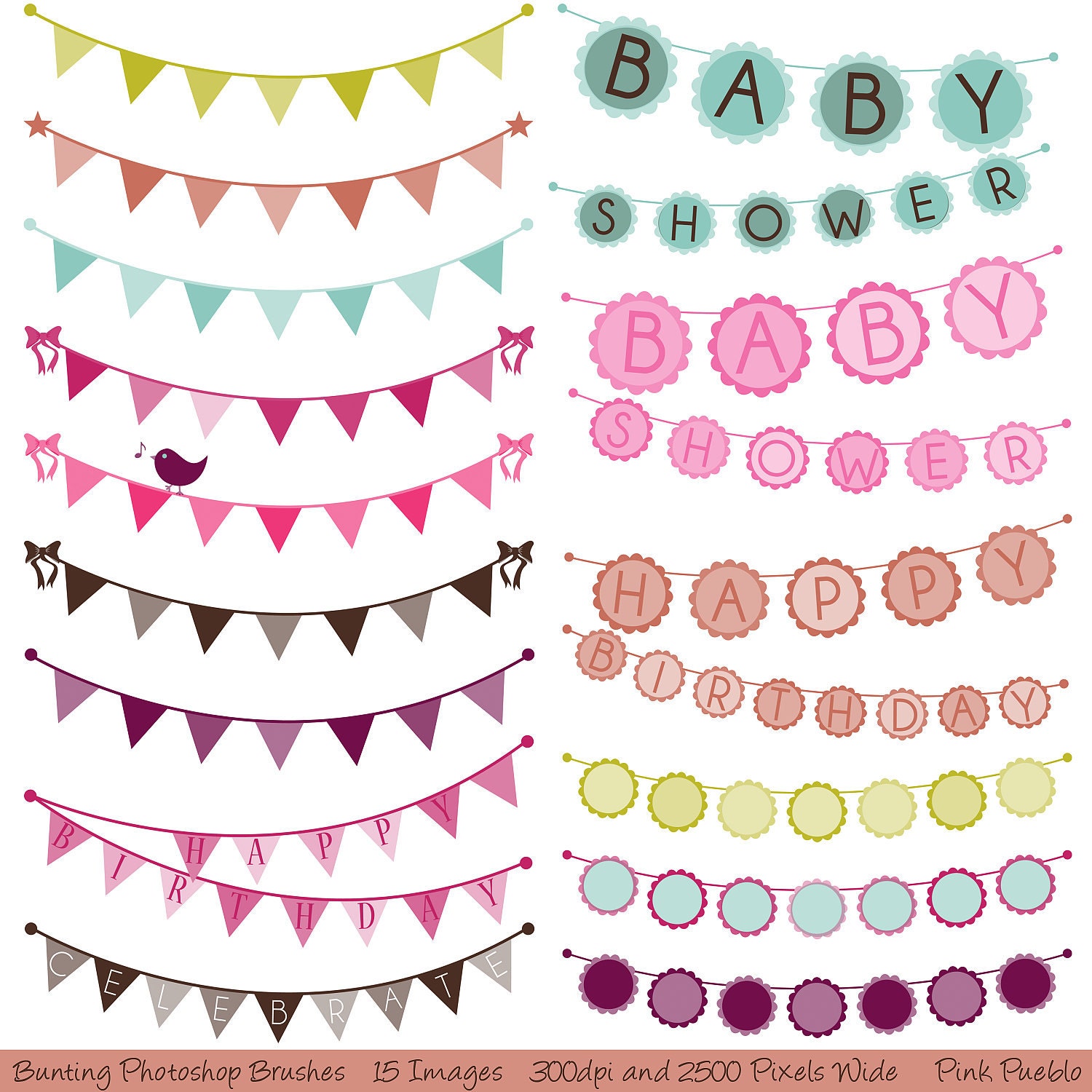 Bunting Photoshop Brushes, Birthday Wedding Baby Shower Bunting Photoshop Brushes - Commercial and Personal Use