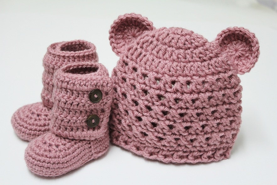 Croceted Baby Teddy Bear Beanie and Baby Booties in Dusty Rose (size 0-3, 3-6, 6-9, 9-12 months) - JCrochetShop