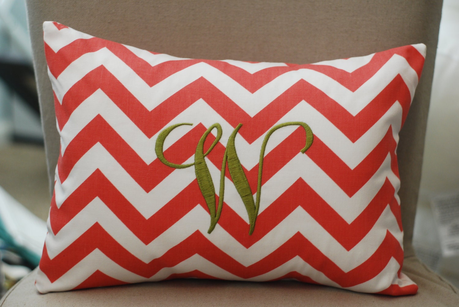 Monogrammed Coral Chevron Print Throw Pillow-Small Lumbar