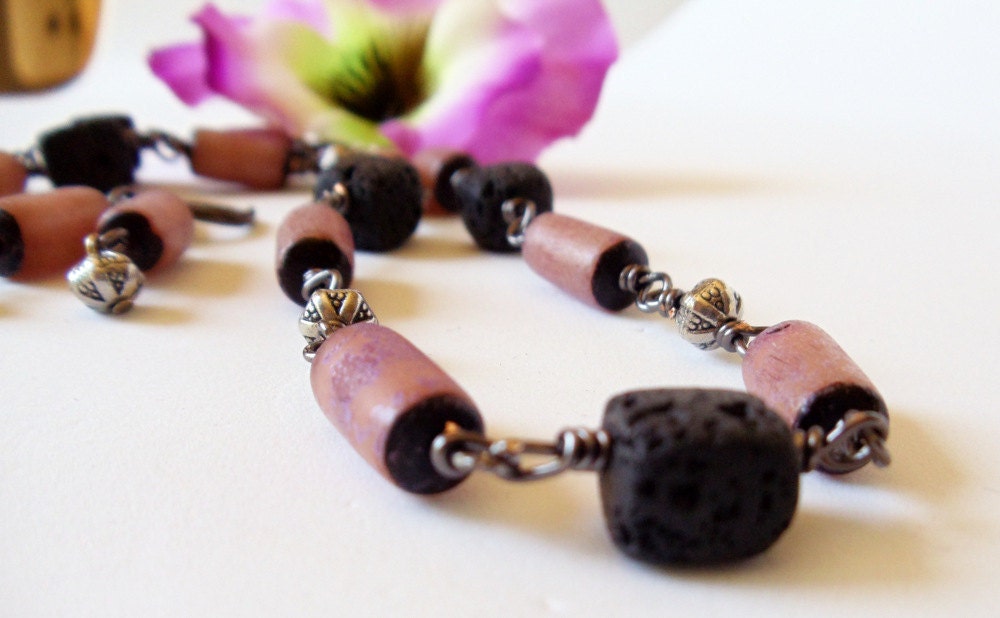 Lava Wire Wrapped Necklace- 2 Piece Set- Betel Nut- Gemstone- Handmade Jewelry