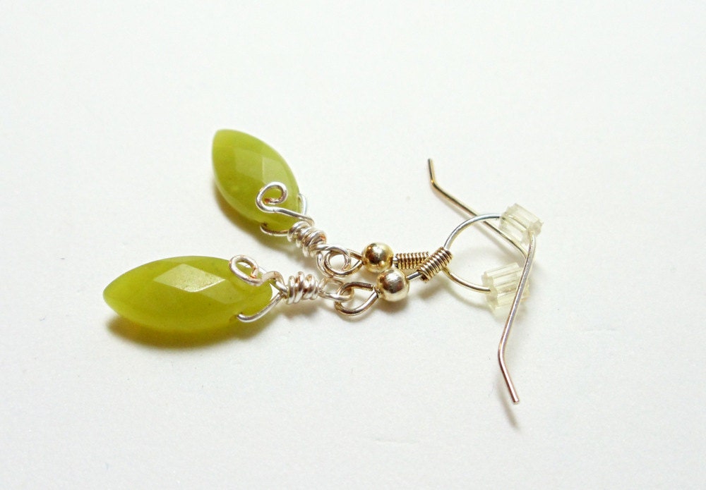 Olive Jade Marquis Cut Earrings- Wire Wrapped- Gemstone- Handmade Jewelry- Green