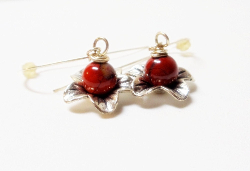 Blood Jasper Silver Poppy Earrings- Flower- Wire Wrapped- Drops- Gemstone- Handmade Jewelry