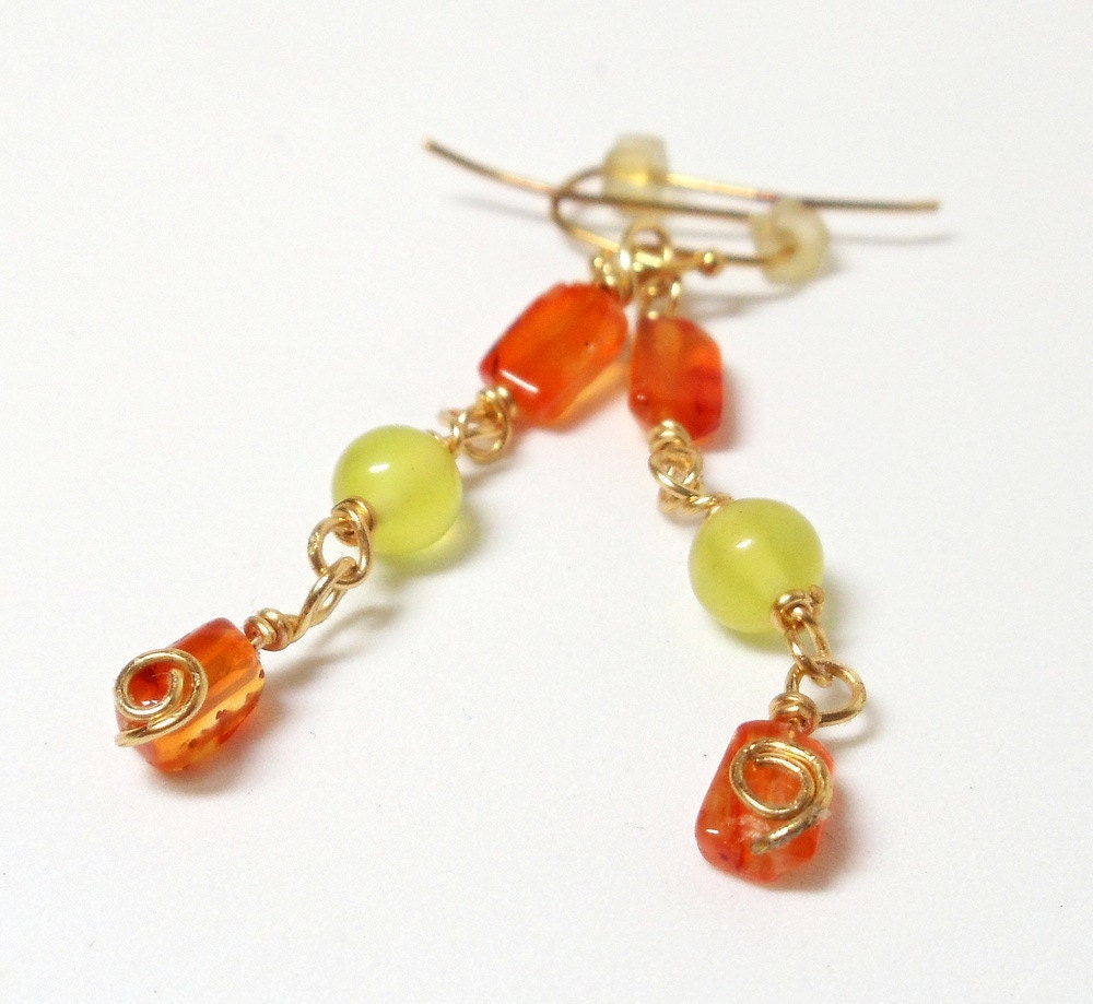 Carnelian Olive Jade Dangle Earrings- Wire Wrapped- Gold- Gemstone- Handmade Jewelry