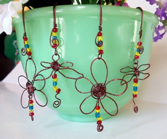 Dragonflies And Daisies Pot Sitters, Wire Ornament,  (Pot Charms) Wire Wrapped Handmade by simplysuzie2