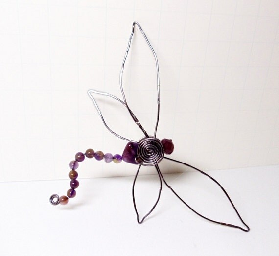 Wire Wrapped Dragonfly Brooch- Amethyst- Hat Pin- Scarf Pin- Gemstone- Handmade Jewelry