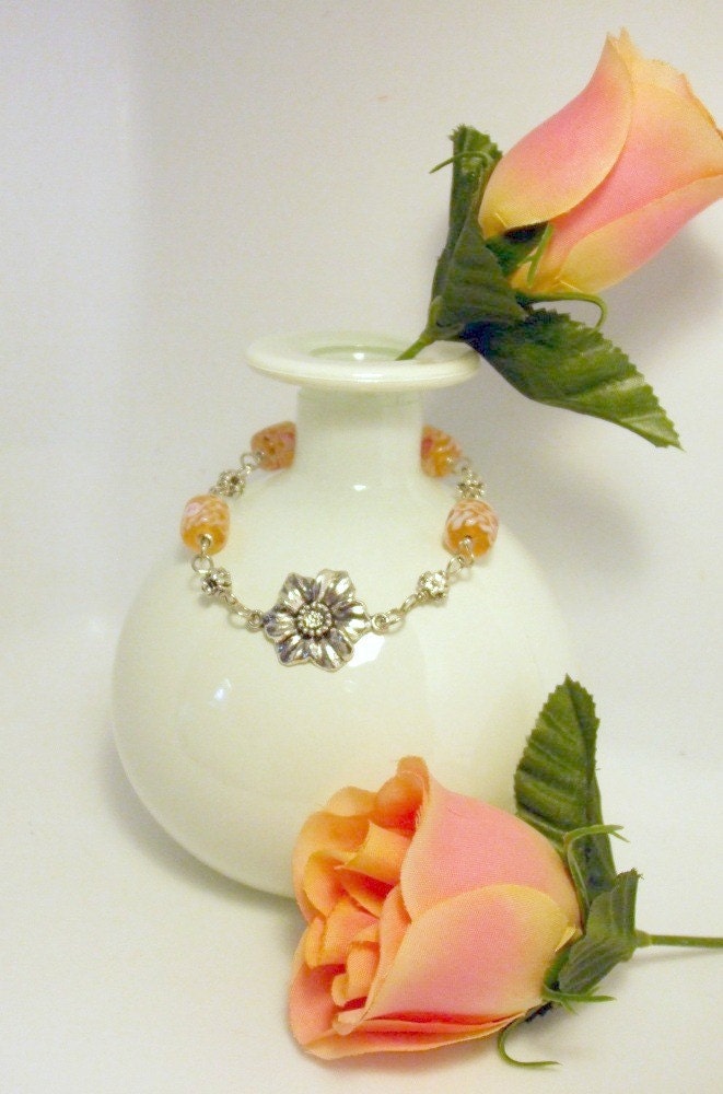 Wire Wrapped Bracelet Silver and Amber Glass Handmade Jewelry Rose Garden