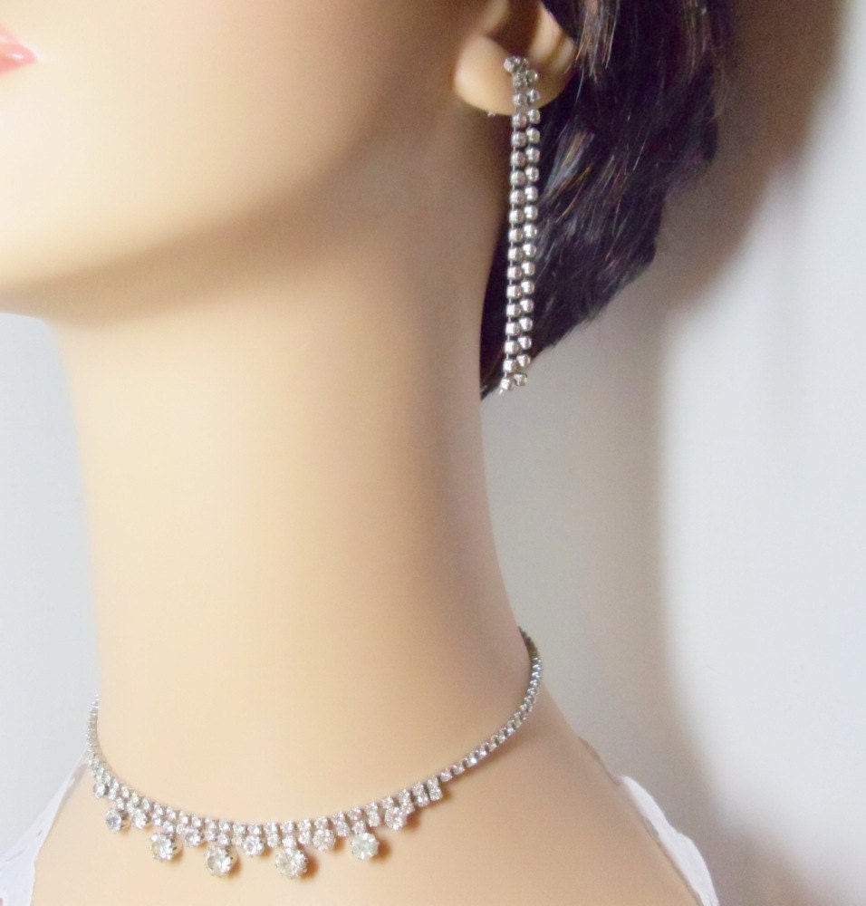 80's Rhinestone 2 Piece Set- Choker- Earrings- Bridal- Prom- Dance- Vintage