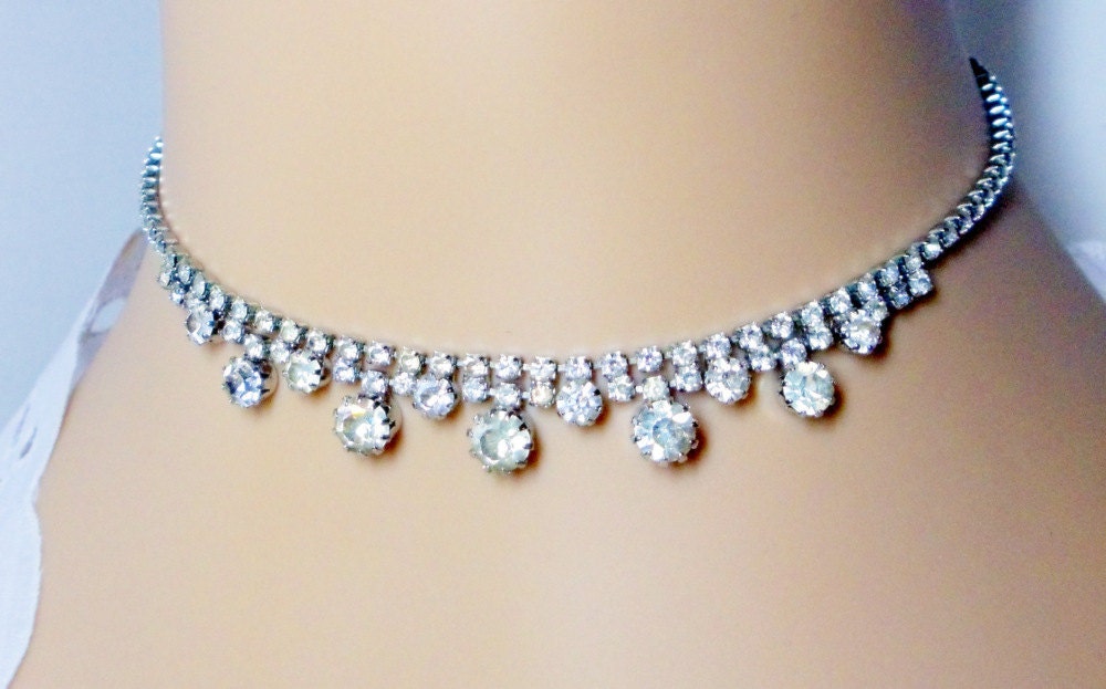 80's Rhinestone 2 Piece Set- Choker- Earrings- Bridal- Prom- Dance- Vintage