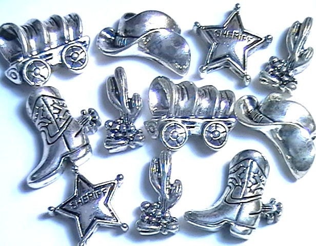 2 Hole Slider Beads Western Cowboy Cactus, Hat , Boot, Badge & Wagon Set Of 11